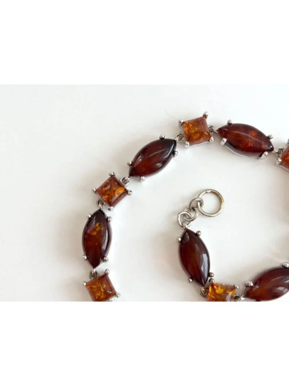 Natural Baltic Amber Marquise Chainlink Vintage Sterling Silver 925 Bracelet 7